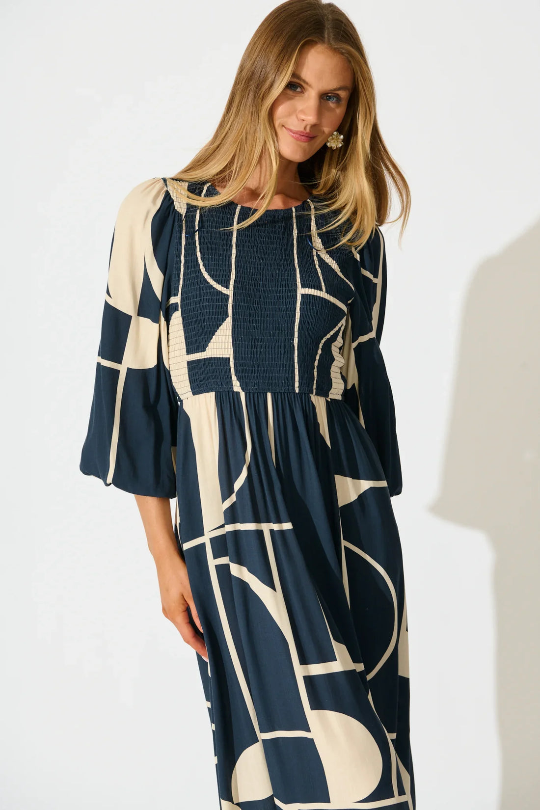 Calissa Midi Dress in Navy Linen Blend