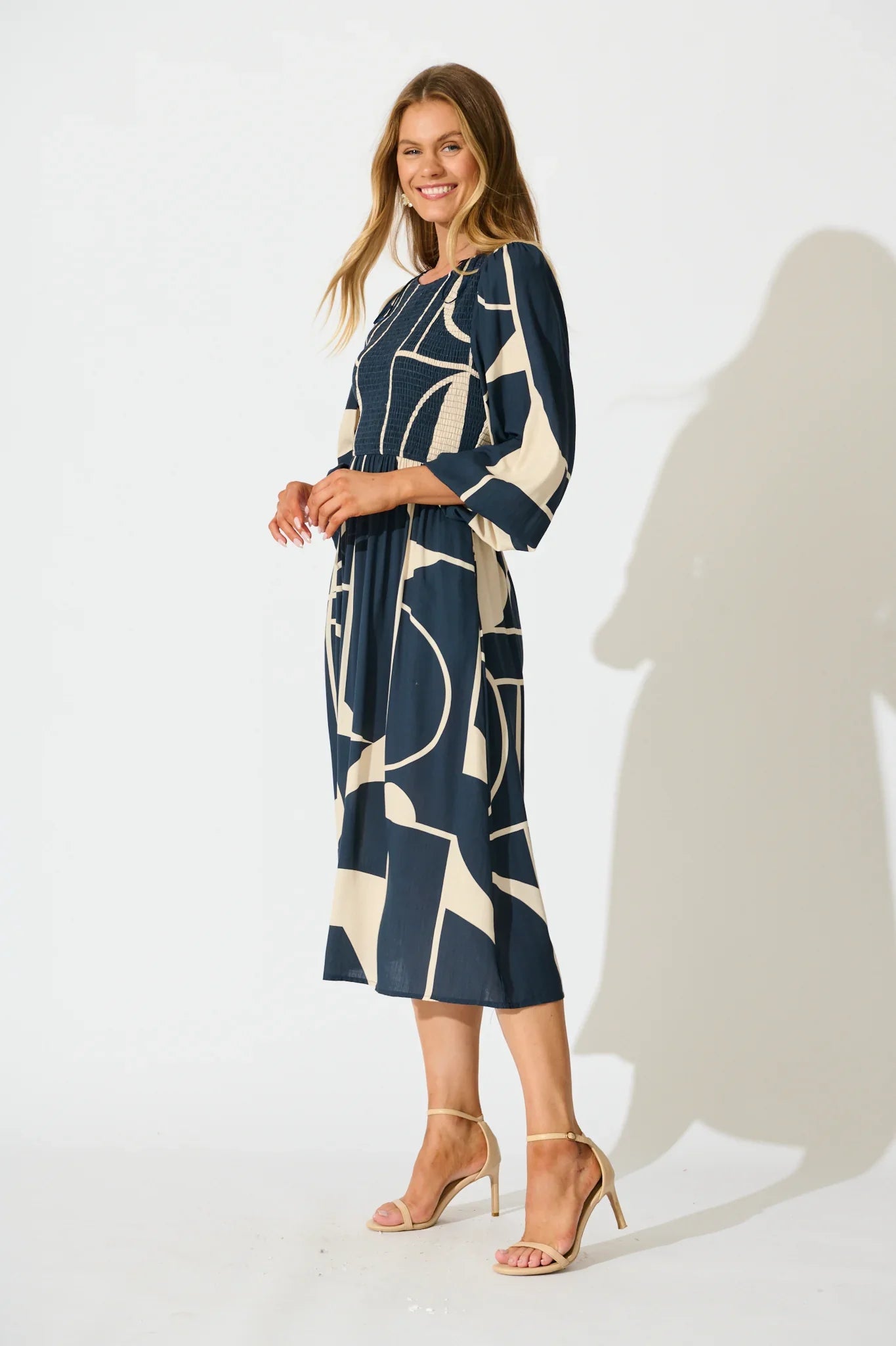 Calissa Midi Dress in Navy Linen Blend